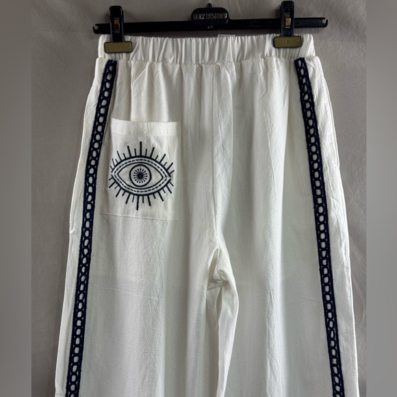 Embroidered Pocket Eye Pattern Cotton Wide Leg Pant - Picture 13 of 14